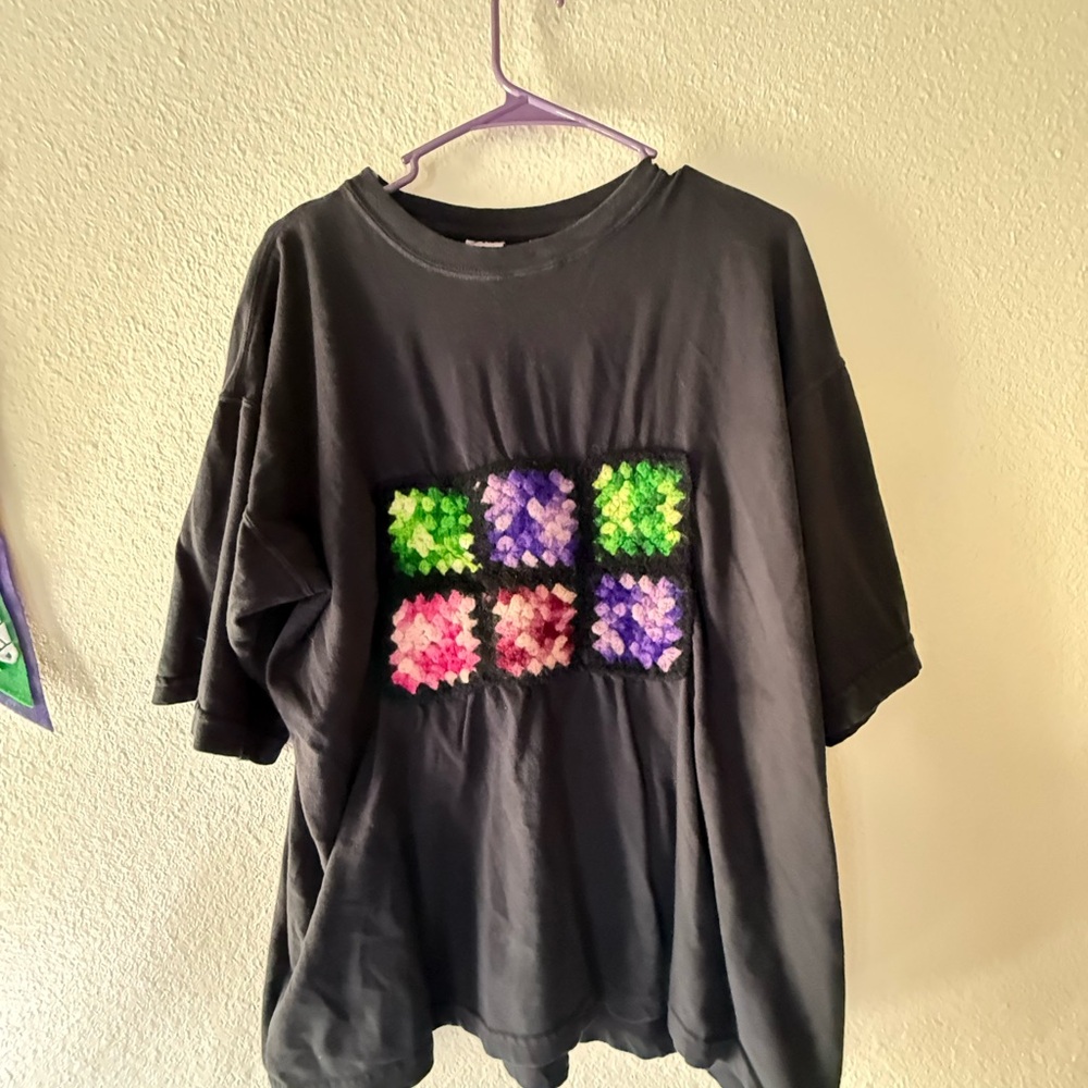 BDG Black Short Sleeve Tee with Colorful Crochet Square Panel